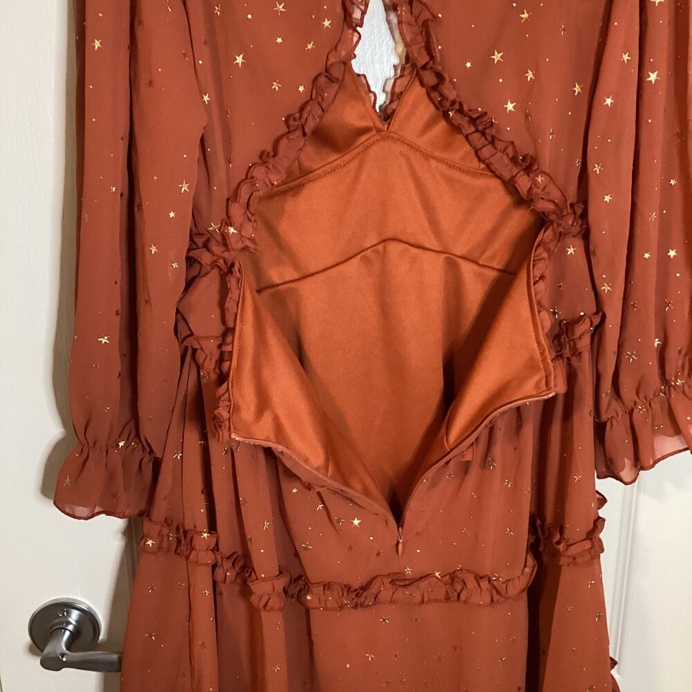 Women's Rusty Glitter Stars Backless Ruffle Sheer Dress Mini V Neck - Picture 10 of 13